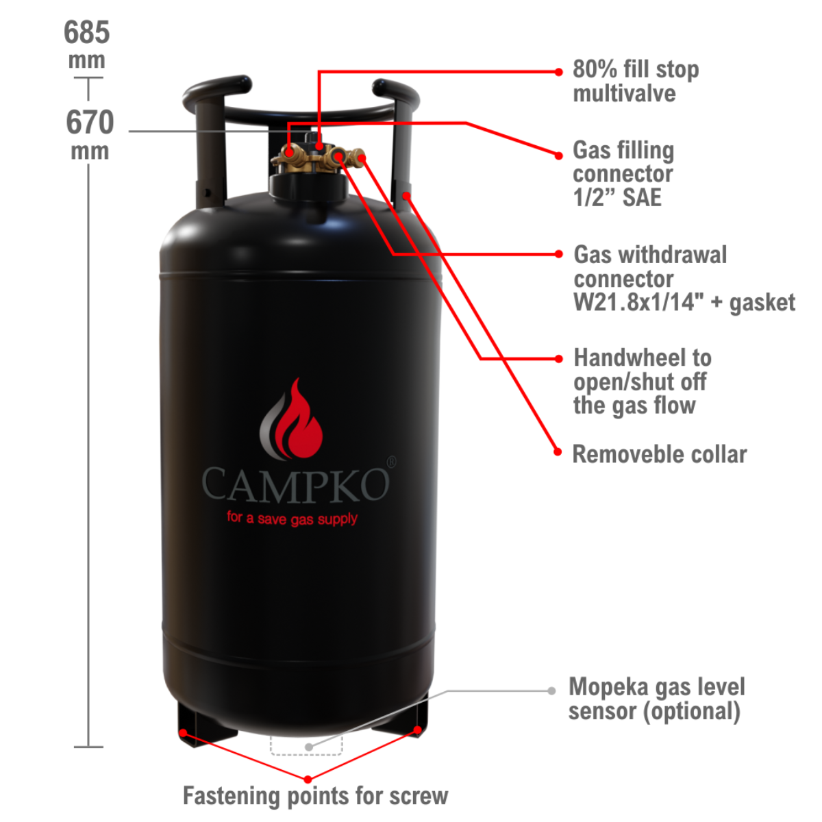 CAMPCO REFILLABLE GAS LPG BOTTLE 36 LTR (16KG) integrated multivalve with automatic 80% filling stop