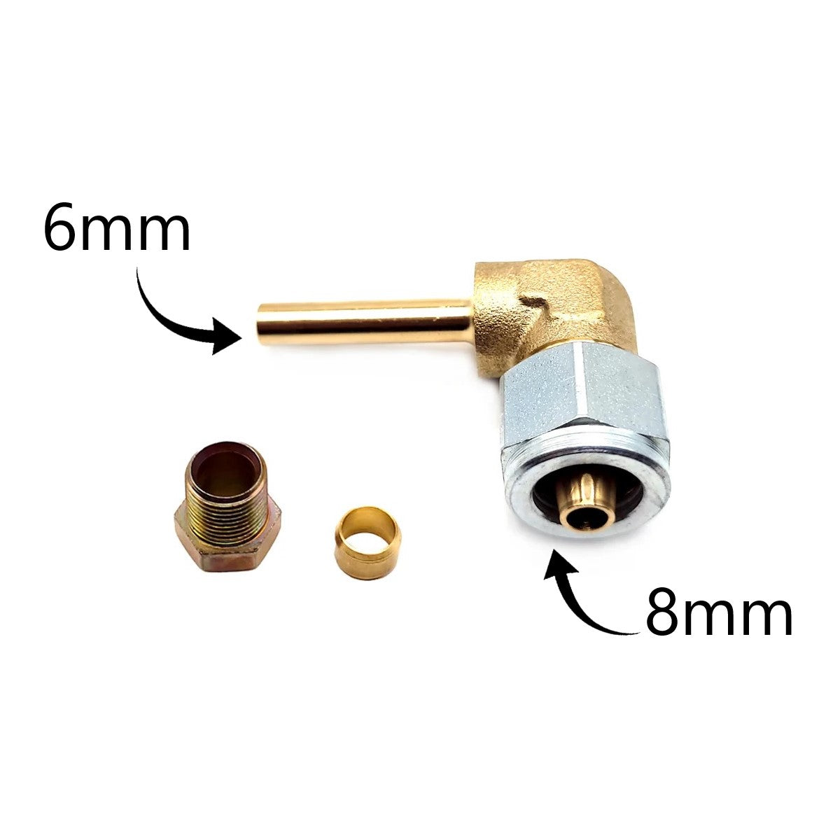 8mm Thermo Plastic Faro Pipe Fitting to 6mm 90 Degree Brass End